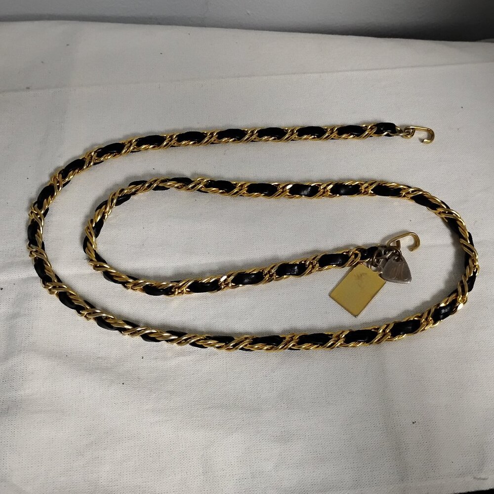 ❤️Vintage 80s MORRIS MOSKOWITZ Black Leather and Gold Weave Belt